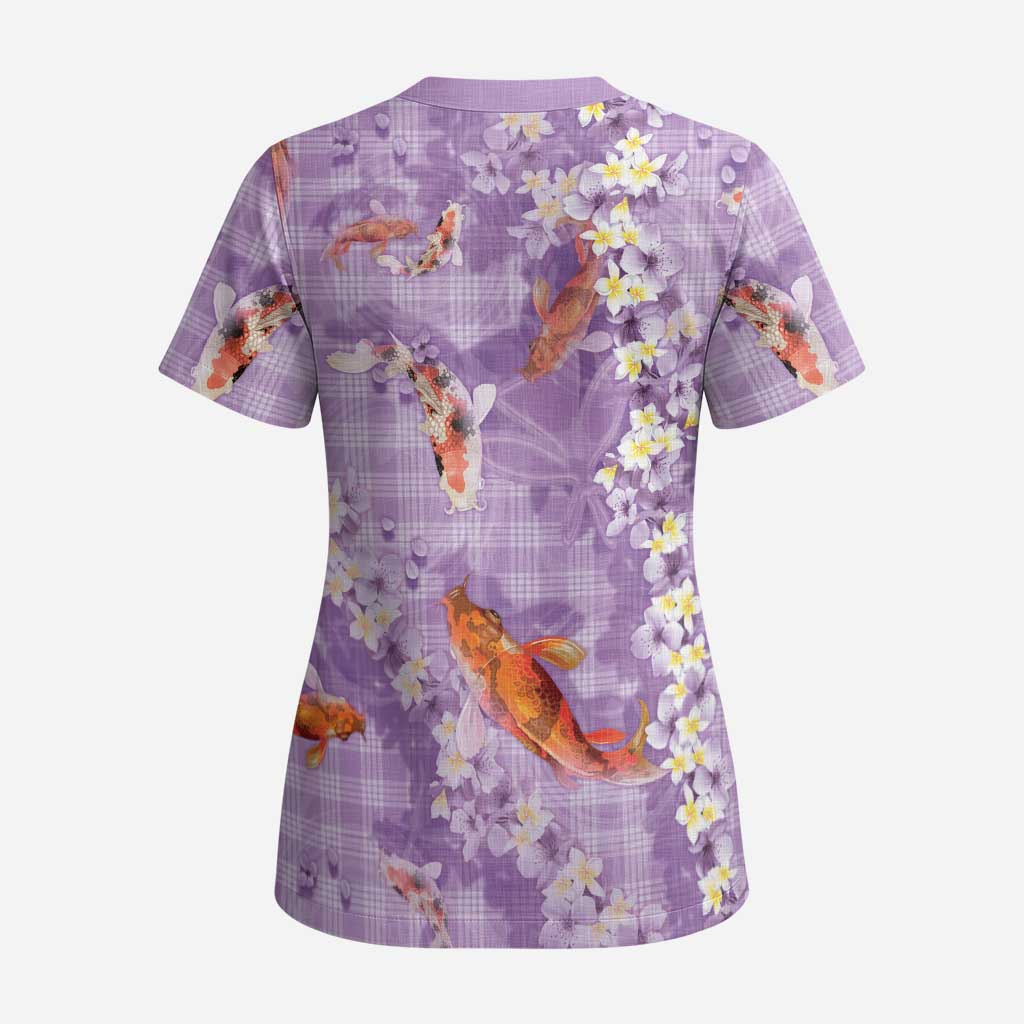 Purple Palaka Hawaiian And Japanese Scrub Top Sakura Lei With Koi Fish DT05 - Polynesian Pride