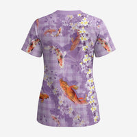 Purple Palaka Hawaiian And Japanese Scrub Top Sakura Lei With Koi Fish DT05 - Polynesian Pride