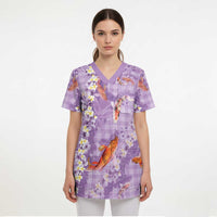 Purple Palaka Hawaiian And Japanese Scrub Top Sakura Lei With Koi Fish DT05 - Polynesian Pride