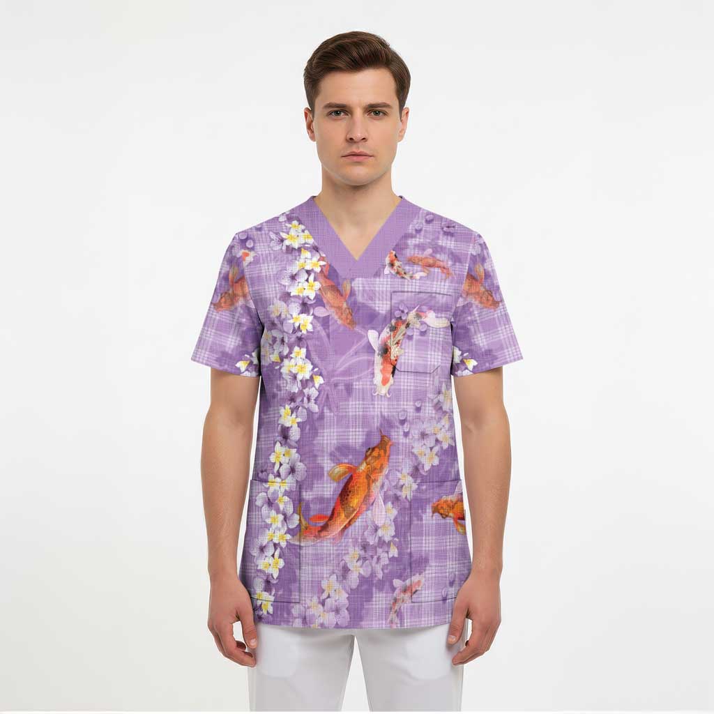 Purple Palaka Hawaiian And Japanese Scrub Top Sakura Lei With Koi Fish DT05 - Polynesian Pride