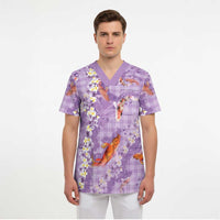 Purple Palaka Hawaiian And Japanese Scrub Top Sakura Lei With Koi Fish DT05 - Polynesian Pride