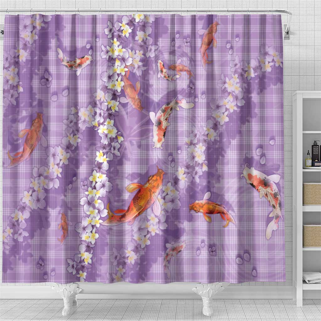 Purple Palaka Hawaiian And Japanese Shower Curtain Sakura Lei With Koi Fish - Polynesian Pride