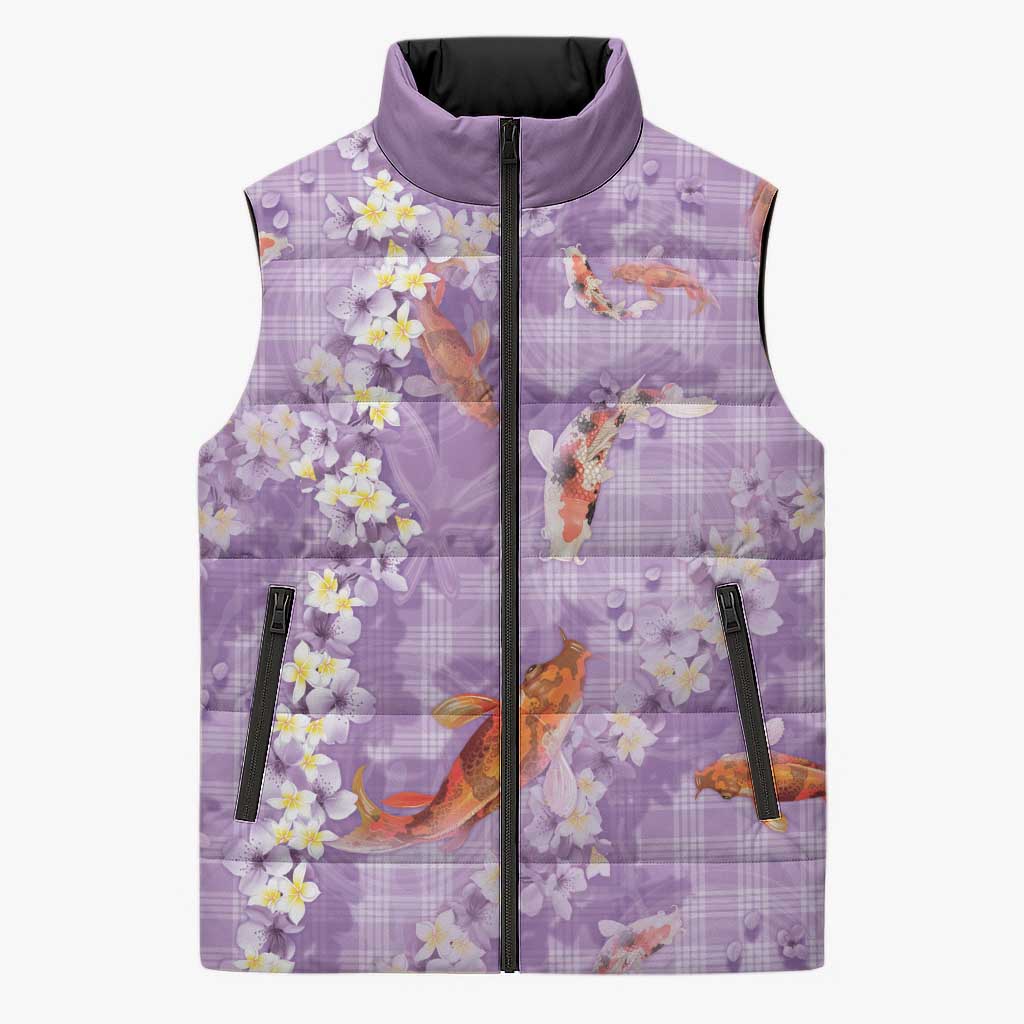 Purple Palaka Hawaiian And Japanese Sleeveless Puffer Jacket Sakura Lei With Koi Fish DT05 Unisex Purple - Polynesian Pride