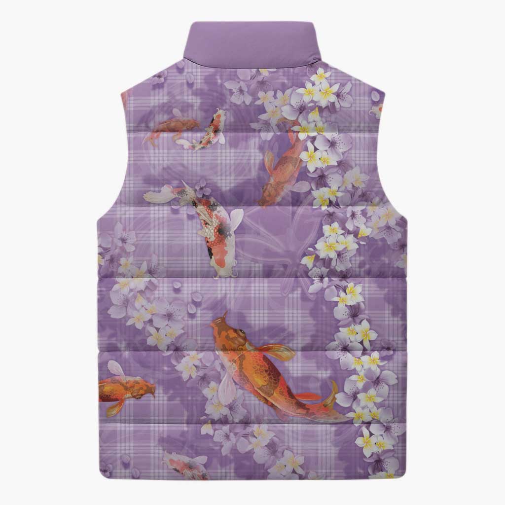 Purple Palaka Hawaiian And Japanese Sleeveless Puffer Jacket Sakura Lei With Koi Fish DT05 - Polynesian Pride