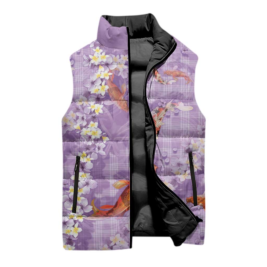 Purple Palaka Hawaiian And Japanese Sleeveless Puffer Jacket Sakura Lei With Koi Fish DT05 - Polynesian Pride