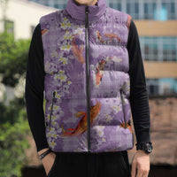 Purple Palaka Hawaiian And Japanese Sleeveless Puffer Jacket Sakura Lei With Koi Fish DT05 - Polynesian Pride