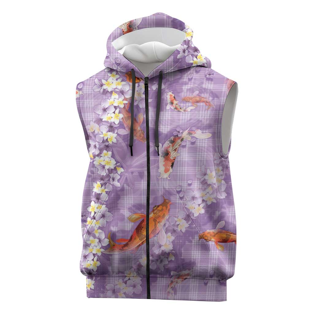 Purple Palaka Hawaiian And Japanese Sleeveless Zip Hoodie Sakura Lei With Koi Fish DT05 Purple - Polynesian Pride
