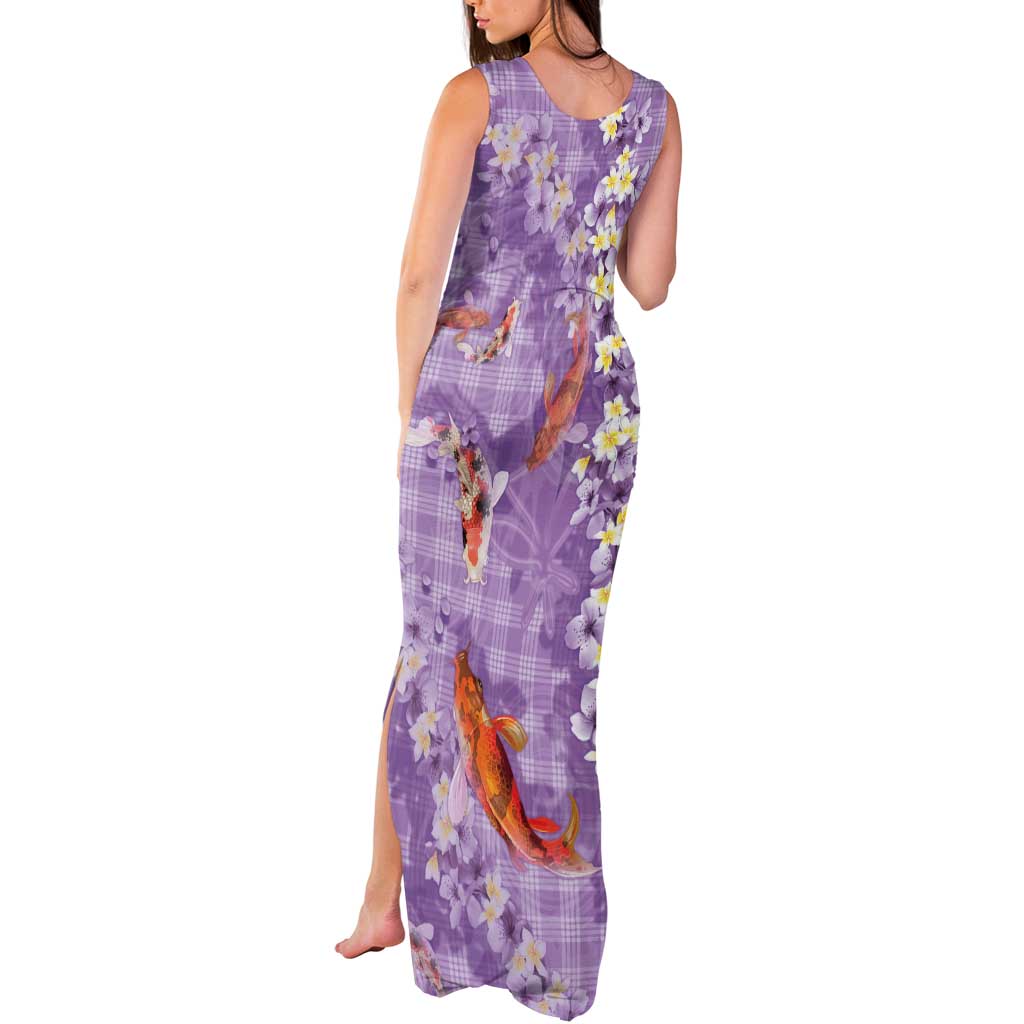 Purple Palaka Hawaiian And Japanese Tank Maxi Dress Sakura Lei With Koi Fish - Polynesian Pride