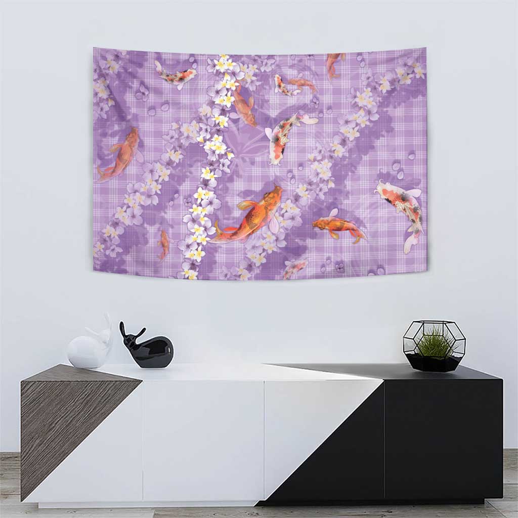 Purple Palaka Hawaiian And Japanese Tapestry Sakura Lei With Koi Fish - Polynesian Pride