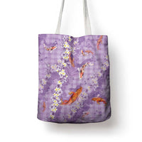 Purple Palaka Hawaiian And Japanese Tote Bag Sakura Lei With Koi Fish - Polynesian Pride