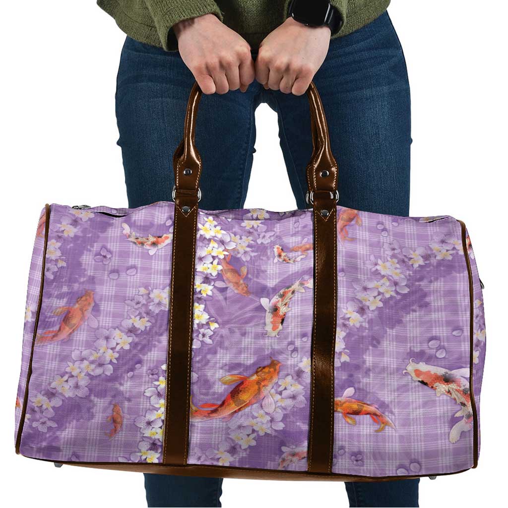 Purple Palaka Hawaiian And Japanese Travel Bag Sakura Lei With Koi Fish - Polynesian Pride
