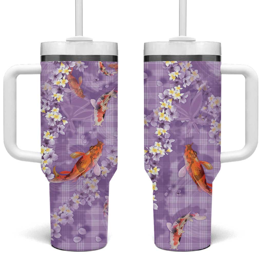 Purple Palaka Hawaiian And Japanese Tumbler With Handle Sakura Lei With Koi Fish - Polynesian Pride