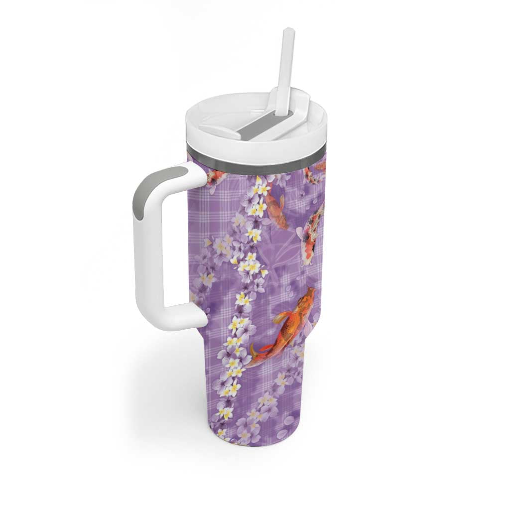 Purple Palaka Hawaiian And Japanese Tumbler With Handle Sakura Lei With Koi Fish - Polynesian Pride