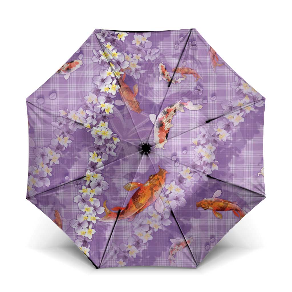 Purple Palaka Hawaiian And Japanese Umbrella Sakura Lei With Koi Fish DT05 One Size Folded 11.42 inch Opened Diameter 37.4 inch Purple - Polynesian Pride