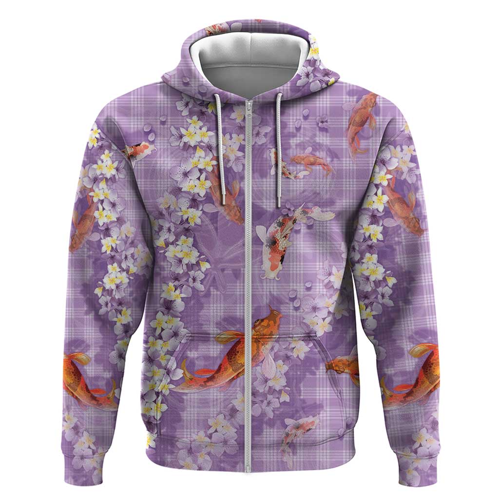Purple Palaka Hawaiian And Japanese Zip Hoodie Sakura Lei With Koi Fish DT05 Zip Hoodie Purple - Polynesian Pride