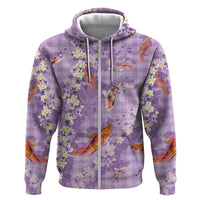 Purple Palaka Hawaiian And Japanese Zip Hoodie Sakura Lei With Koi Fish DT05 Zip Hoodie Purple - Polynesian Pride
