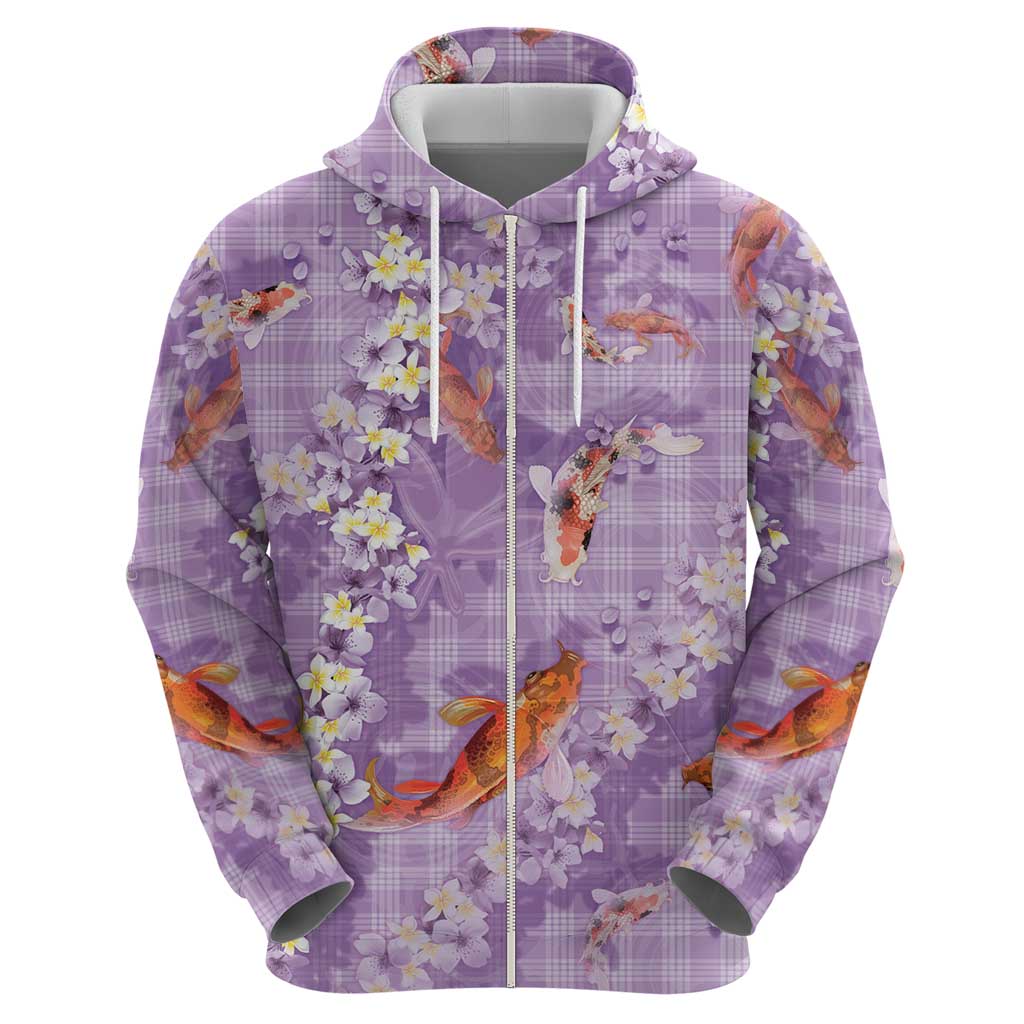 Purple Palaka Hawaiian And Japanese Zip Hoodie Sakura Lei With Koi Fish DT05 - Polynesian Pride
