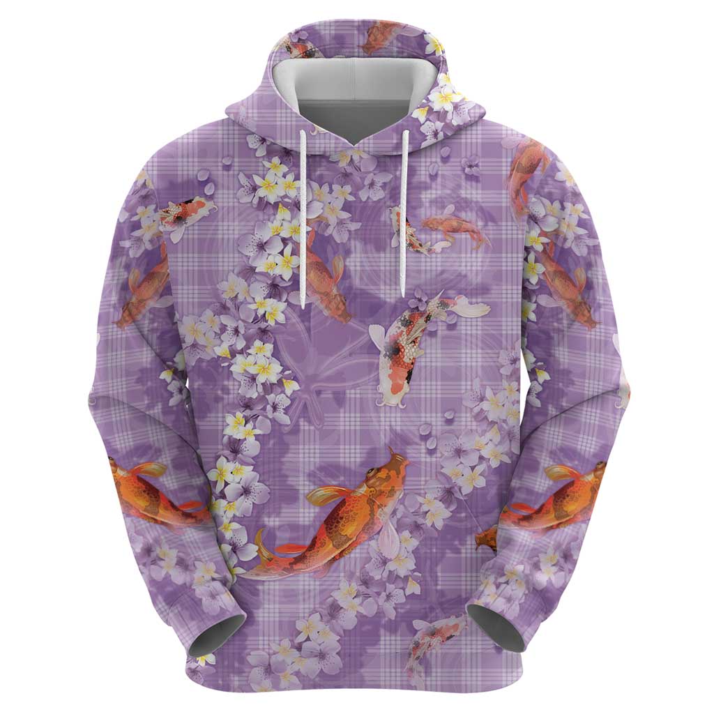 Purple Palaka Hawaiian And Japanese Zip Hoodie Sakura Lei With Koi Fish DT05 - Polynesian Pride