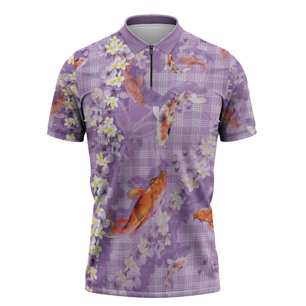 Purple Palaka Hawaiian And Japanese Zipper Polo Shirt Sakura Lei With Koi Fish - Polynesian Pride
