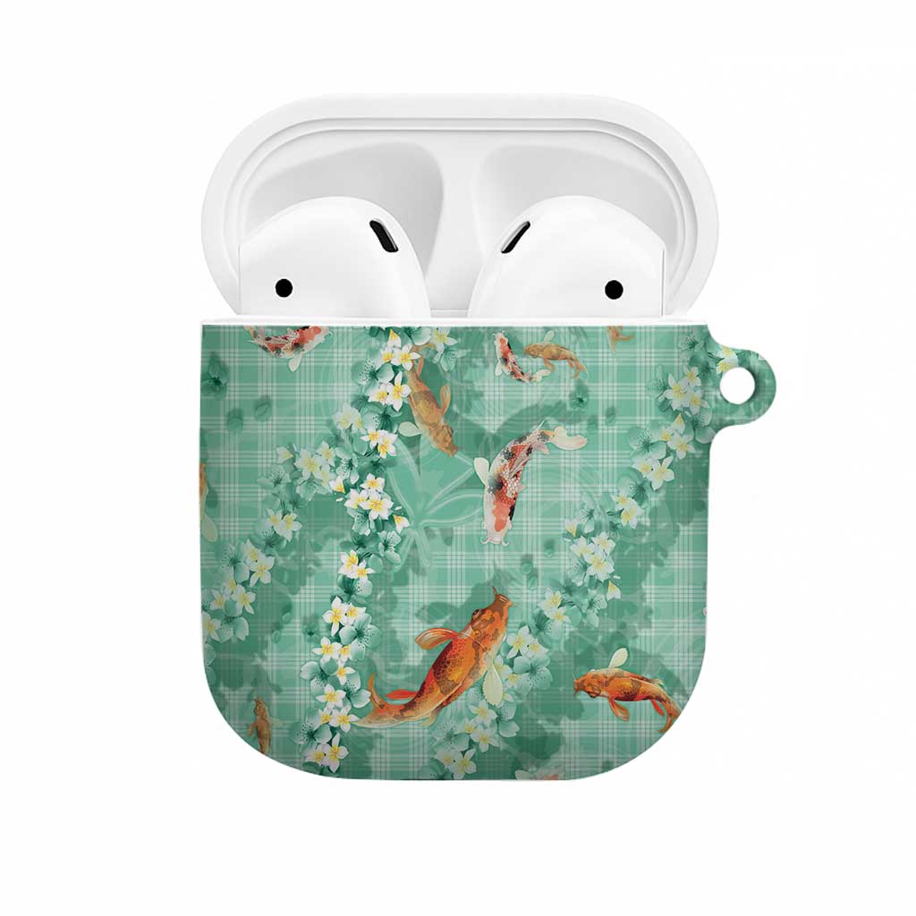 Green Palaka Hawaiian And Japanese AirPods Case Sakura Lei With Koi Fish - Polynesian Pride
