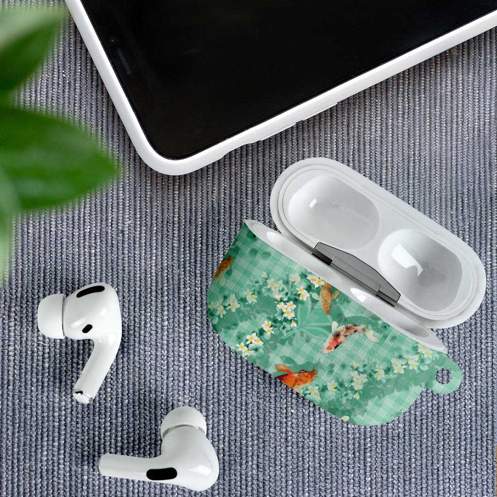 Green Palaka Hawaiian And Japanese AirPods Case Sakura Lei With Koi Fish - Polynesian Pride