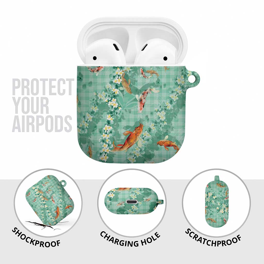 Green Palaka Hawaiian And Japanese AirPods Case Sakura Lei With Koi Fish - Polynesian Pride