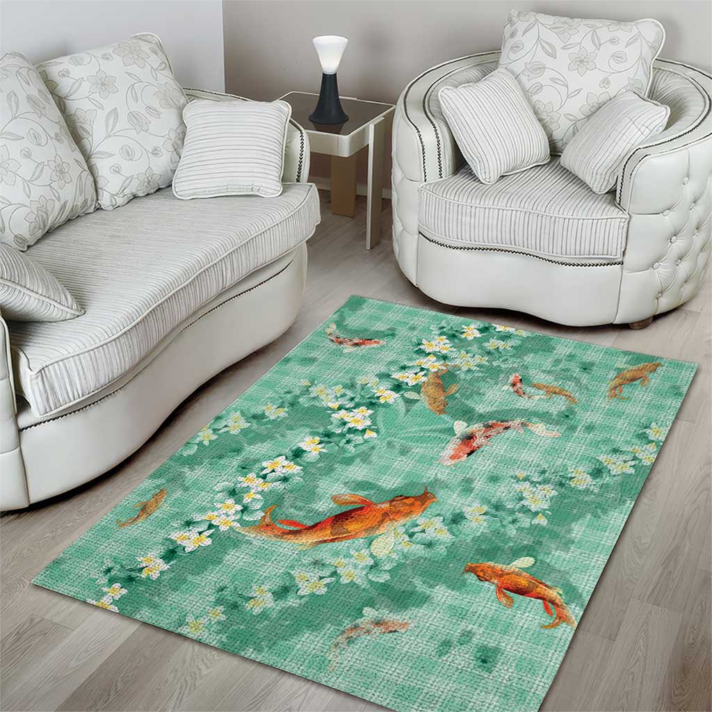 Green Palaka Hawaiian And Japanese Area Rug Sakura Lei With Koi Fish - Polynesian Pride