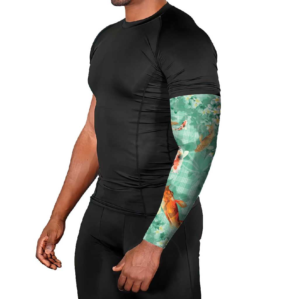 Green Palaka Hawaiian And Japanese Arm Sleeves Sakura Lei With Koi Fish DT05 - Polynesian Pride