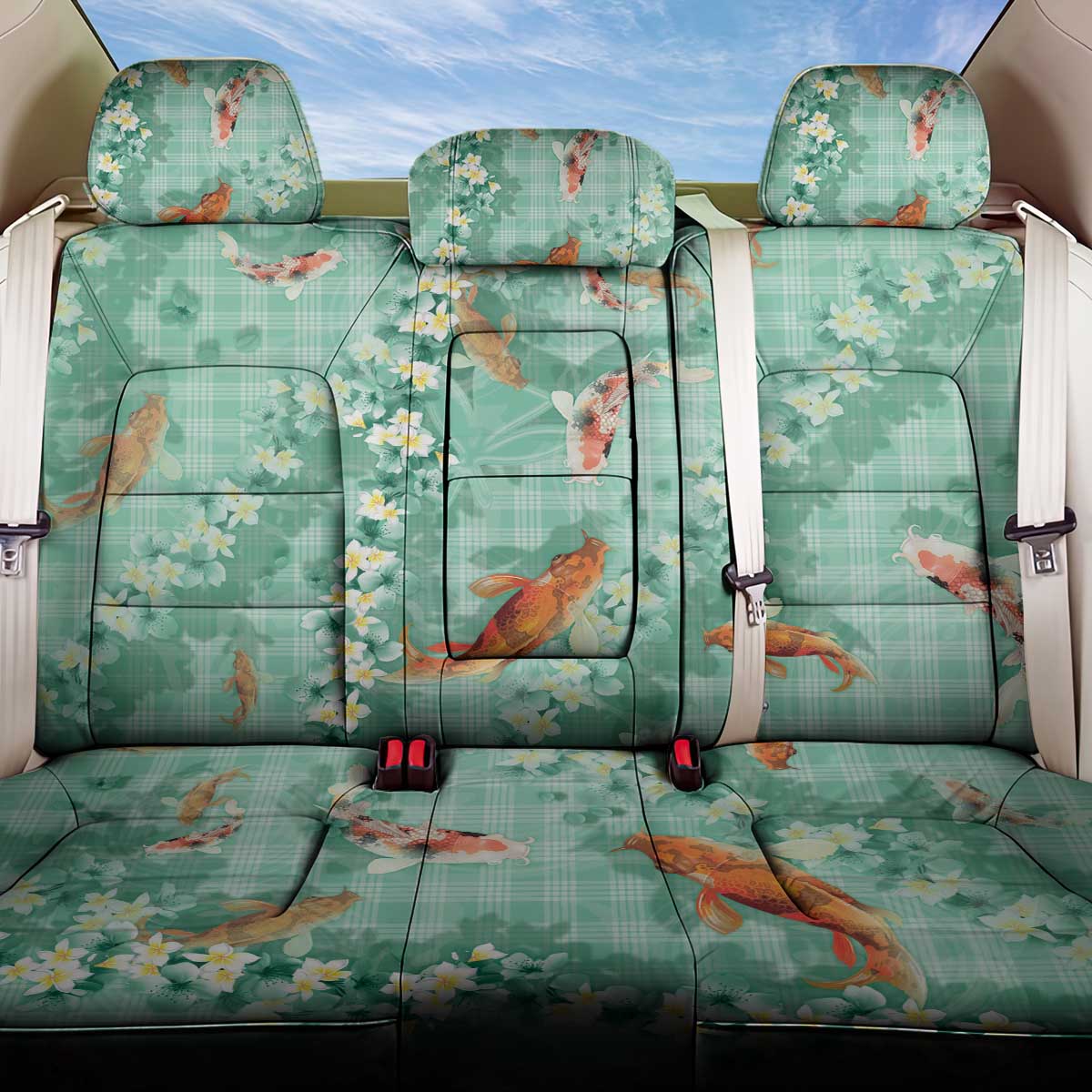 Green Palaka Hawaiian And Japanese Back Car Seat Cover Sakura Lei With Koi Fish DT05 One Size Green - Polynesian Pride