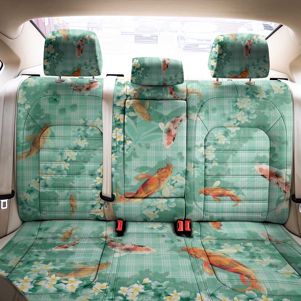 Green Palaka Hawaiian And Japanese Back Car Seat Cover Sakura Lei With Koi Fish DT05 - Polynesian Pride