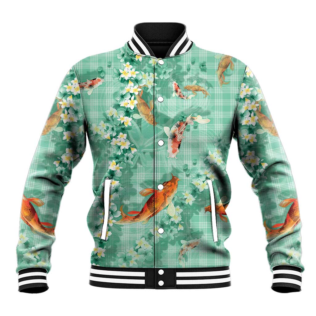 Green Palaka Hawaiian And Japanese Baseball Jacket Sakura Lei With Koi Fish DT05 Unisex Green - Polynesian Pride