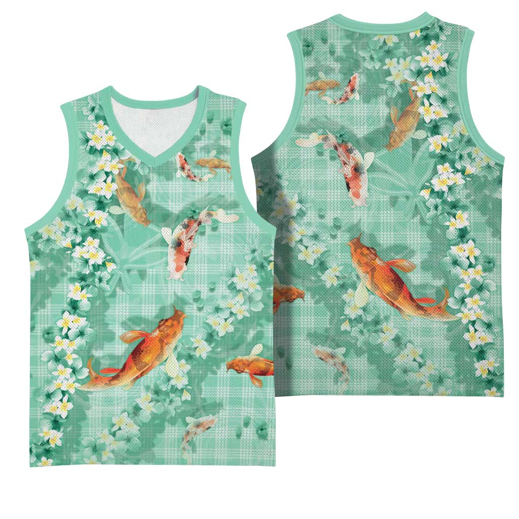 Green Palaka Hawaiian And Japanese Basketball Jersey Sakura Lei With Koi Fish DT05 - Polynesian Pride