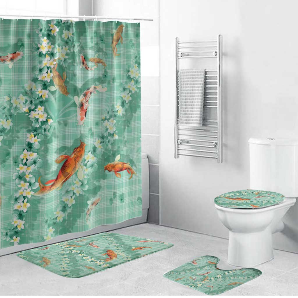 Green Palaka Hawaiian And Japanese Bathroom Set Sakura Lei With Koi Fish - Polynesian Pride