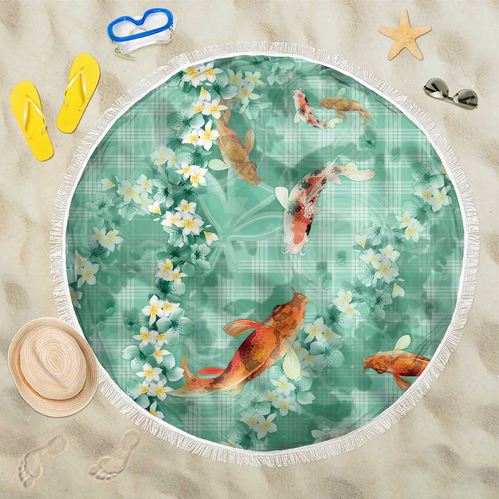 Green Palaka Hawaiian And Japanese Beach Blanket Sakura Lei With Koi Fish - Polynesian Pride