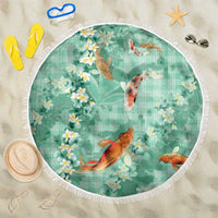 Green Palaka Hawaiian And Japanese Beach Blanket Sakura Lei With Koi Fish - Polynesian Pride
