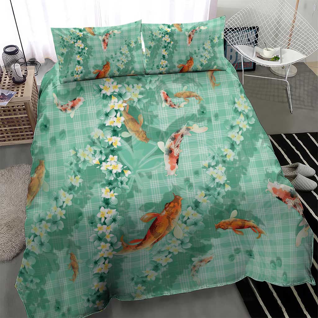 Green Palaka Hawaiian And Japanese Bedding Set Sakura Lei With Koi Fish - Polynesian Pride