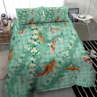 Green Palaka Hawaiian And Japanese Bedding Set Sakura Lei With Koi Fish - Polynesian Pride