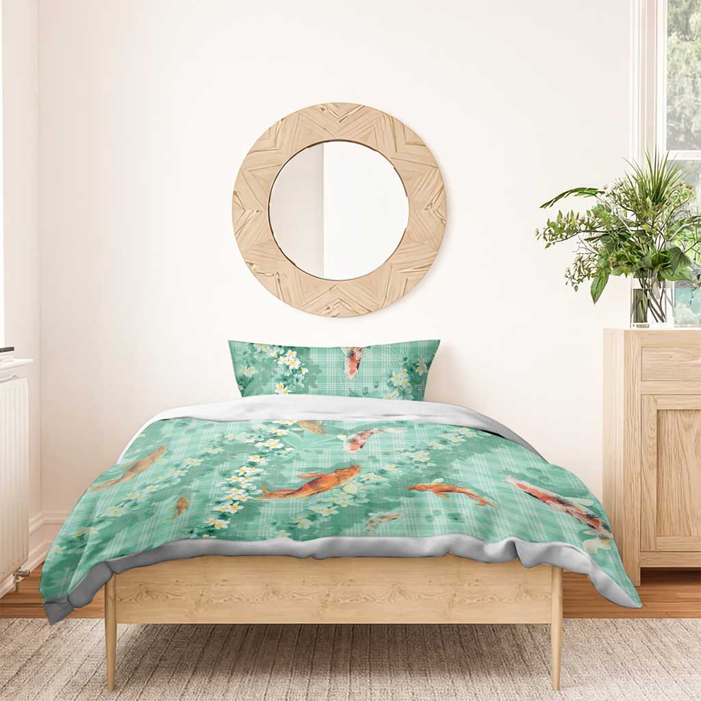 Green Palaka Hawaiian And Japanese Bedding Set Sakura Lei With Koi Fish - Polynesian Pride