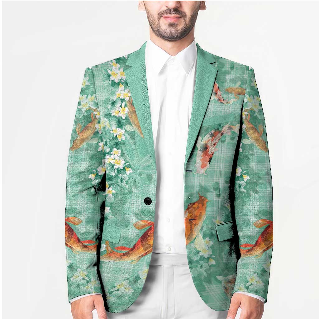 Green Palaka Hawaiian And Japanese Blazer Sakura Lei With Koi Fish - Polynesian Pride