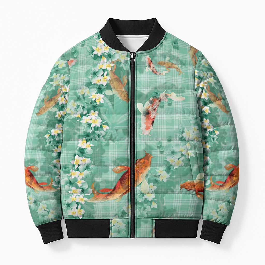 Green Palaka Hawaiian And Japanese Bomber Puffer Jacket Sakura Lei With Koi Fish DT05 Unisex Green - Polynesian Pride