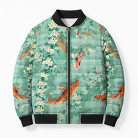Green Palaka Hawaiian And Japanese Bomber Puffer Jacket Sakura Lei With Koi Fish DT05 Unisex Green - Polynesian Pride