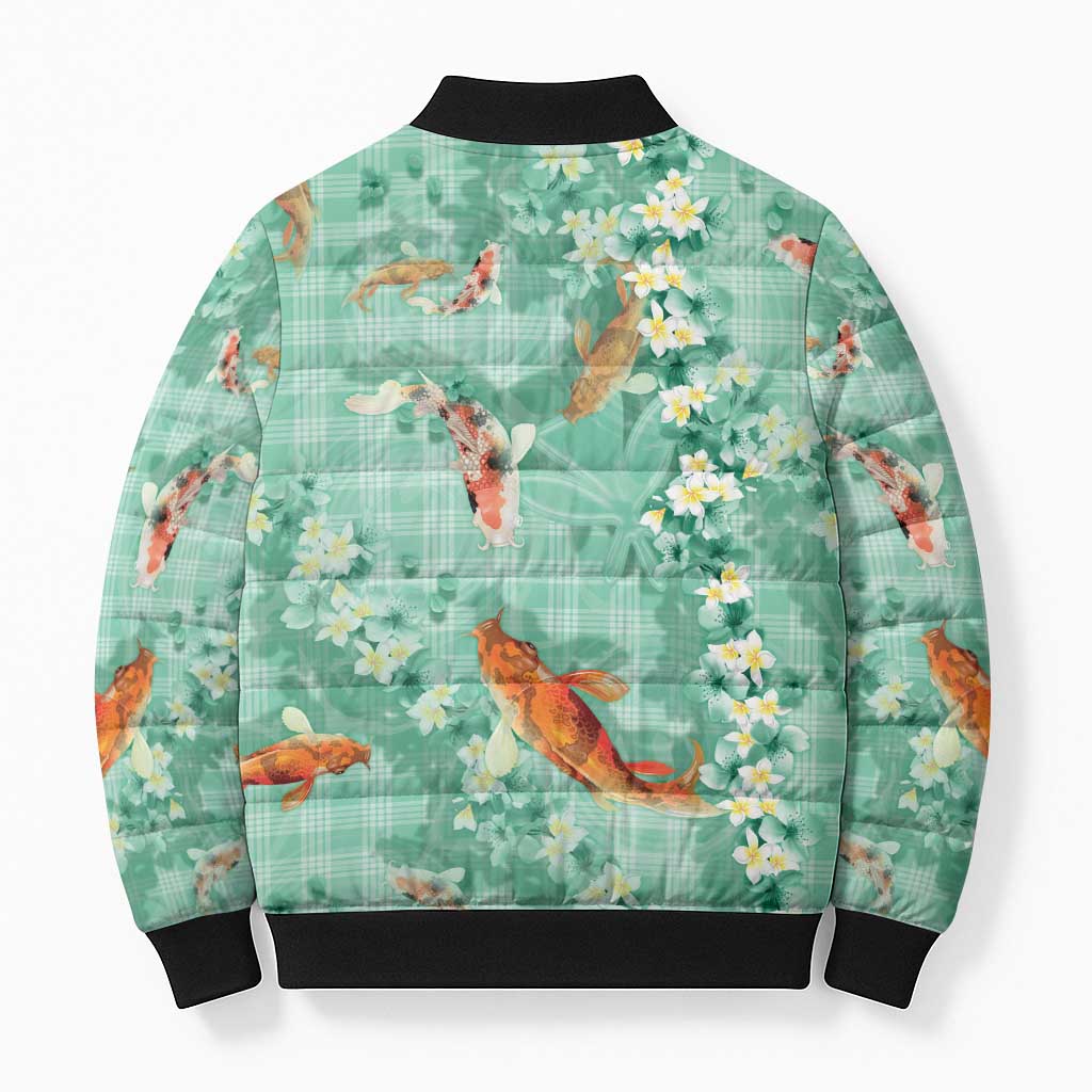 Green Palaka Hawaiian And Japanese Bomber Puffer Jacket Sakura Lei With Koi Fish DT05 - Polynesian Pride