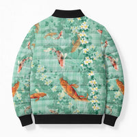 Green Palaka Hawaiian And Japanese Bomber Puffer Jacket Sakura Lei With Koi Fish DT05 - Polynesian Pride