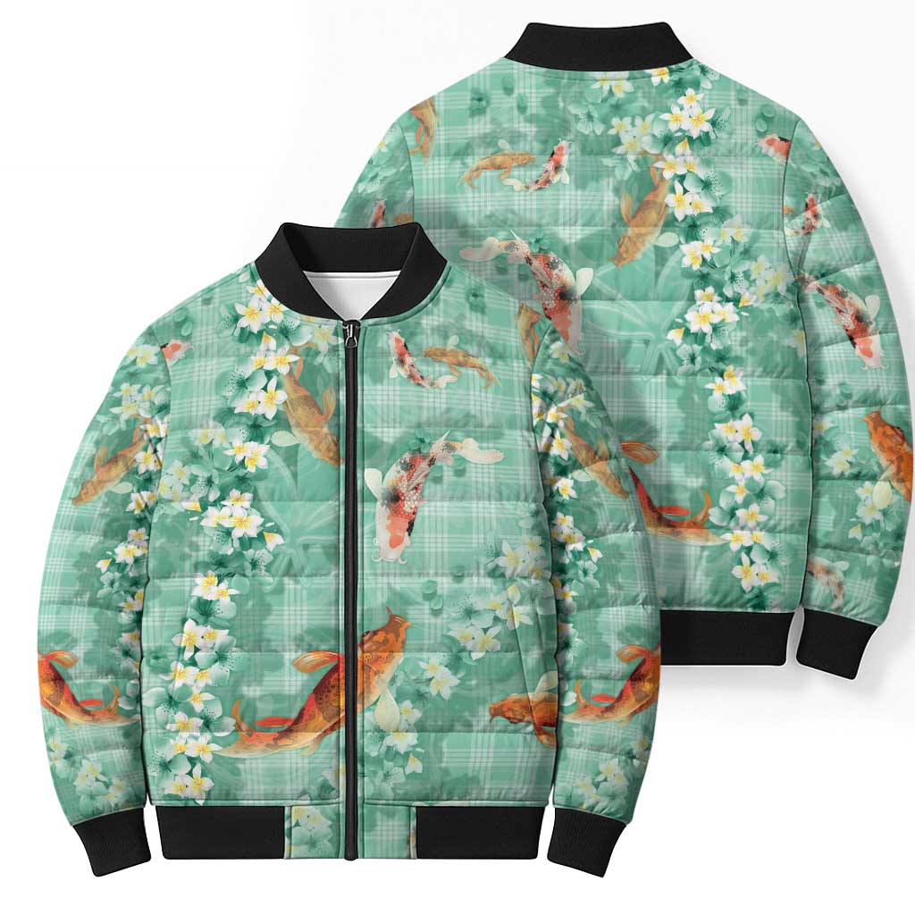 Green Palaka Hawaiian And Japanese Bomber Puffer Jacket Sakura Lei With Koi Fish DT05 - Polynesian Pride