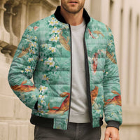 Green Palaka Hawaiian And Japanese Bomber Puffer Jacket Sakura Lei With Koi Fish DT05 - Polynesian Pride