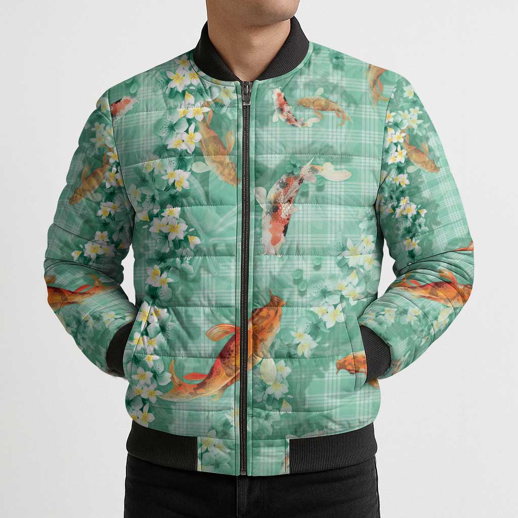 Green Palaka Hawaiian And Japanese Bomber Puffer Jacket Sakura Lei With Koi Fish DT05 - Polynesian Pride