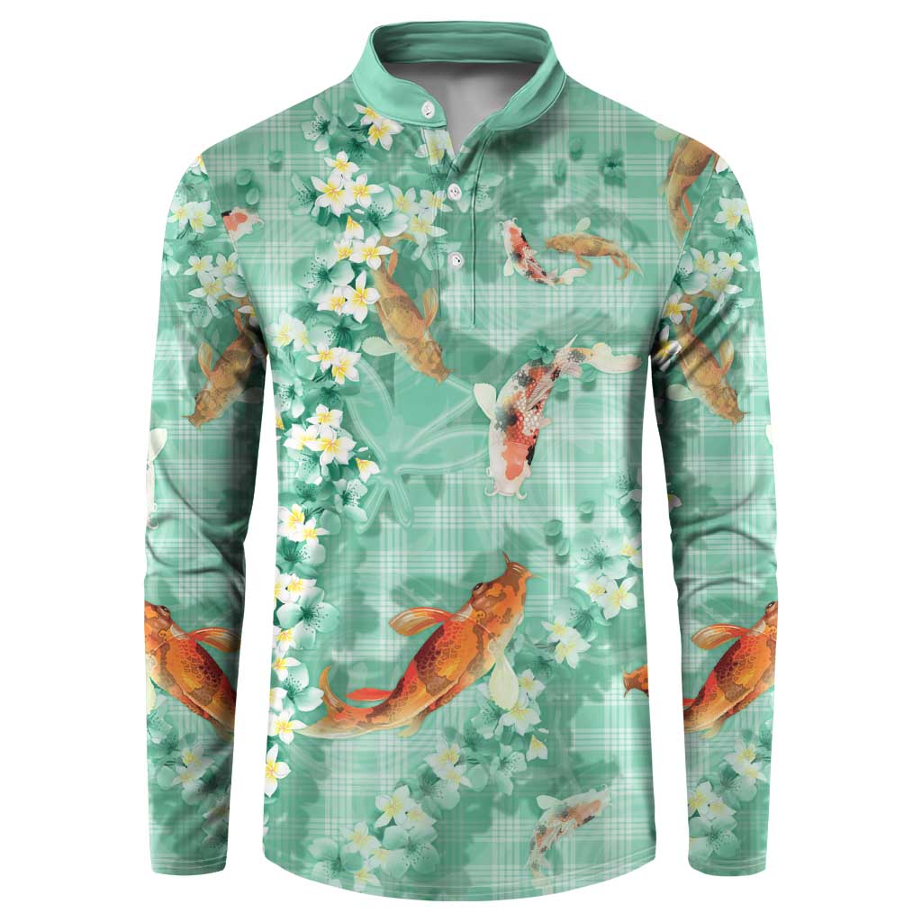 Green Palaka Hawaiian And Japanese Button Sweatshirt Sakura Lei With Koi Fish DT05 Green - Polynesian Pride