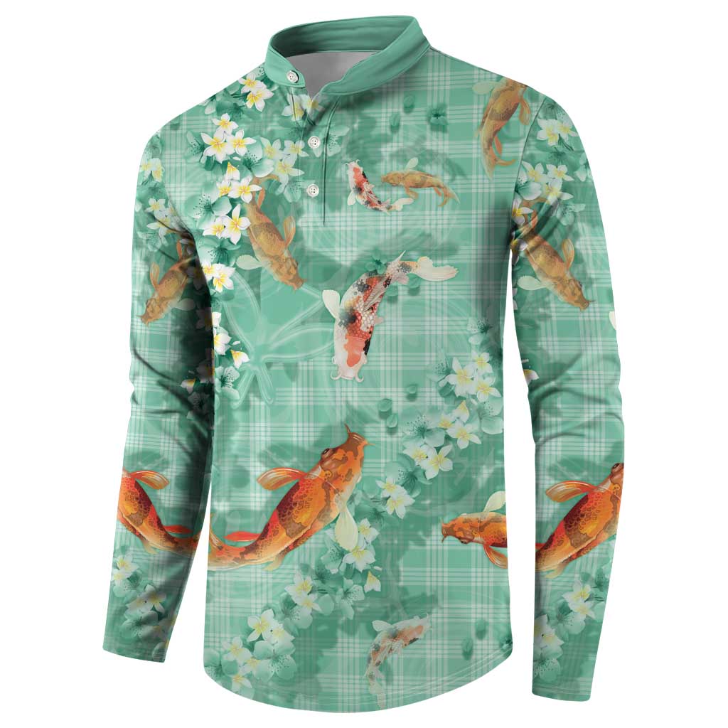 Green Palaka Hawaiian And Japanese Button Sweatshirt Sakura Lei With Koi Fish DT05 - Polynesian Pride
