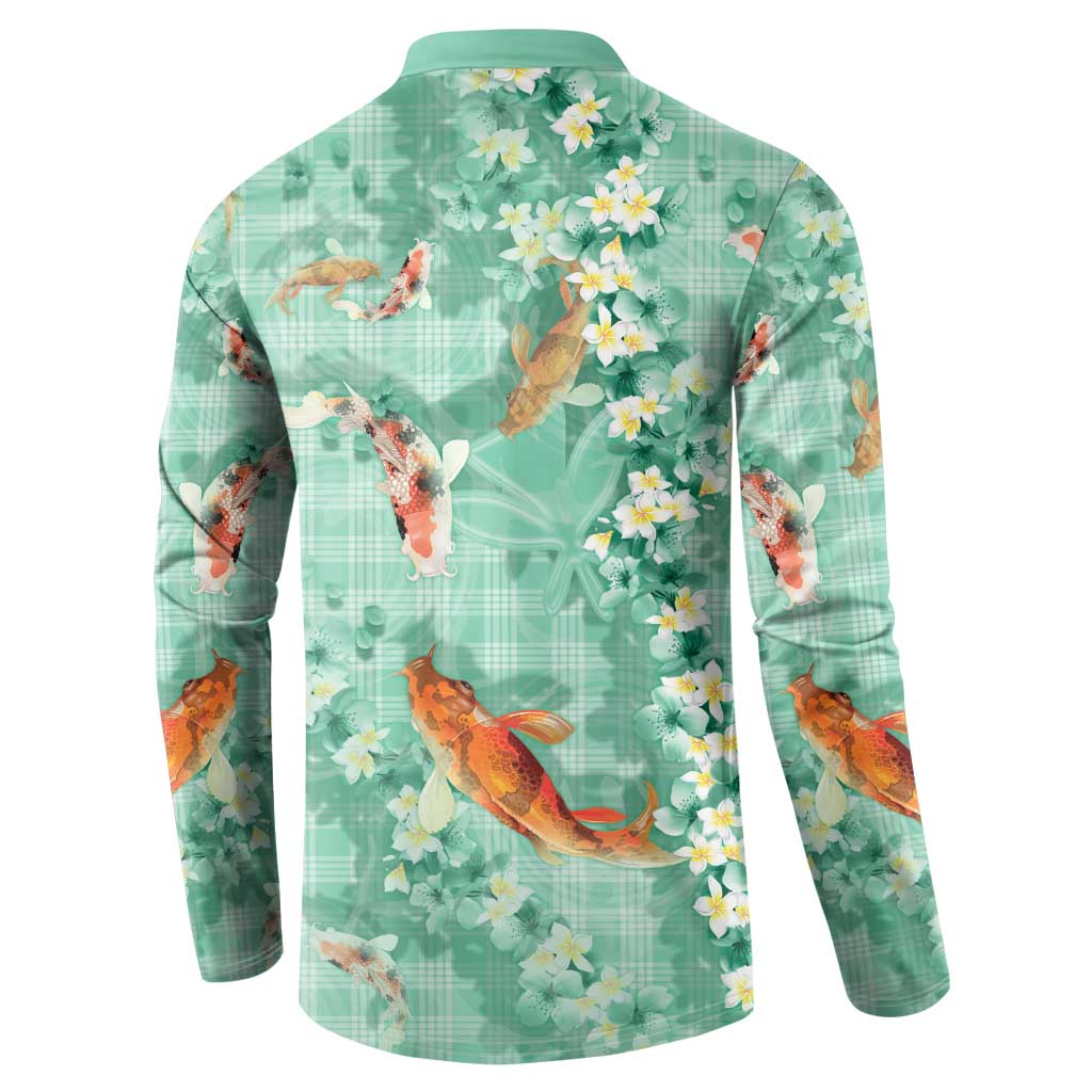 Green Palaka Hawaiian And Japanese Button Sweatshirt Sakura Lei With Koi Fish DT05 - Polynesian Pride
