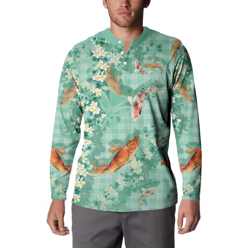 Green Palaka Hawaiian And Japanese Button Sweatshirt Sakura Lei With Koi Fish DT05 - Polynesian Pride